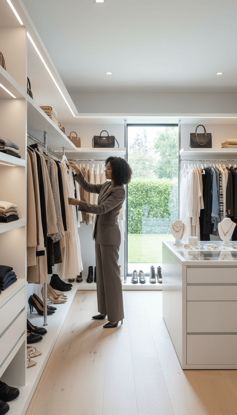 Personal stylist organizing garments on a clothing rack in a bright modern closet