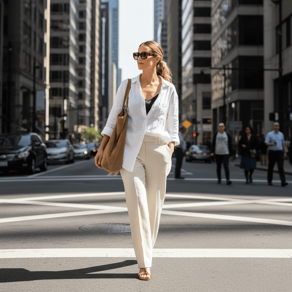 Stylish woman walking confidently down a city sidewalk in an effortless daytime outfit