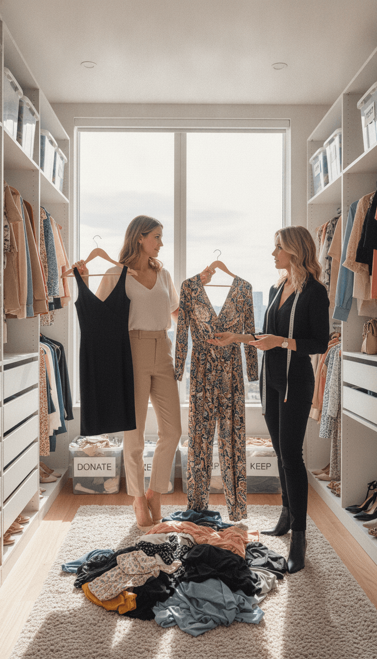 Woman deciding which clothes to keep with a stylist nearby