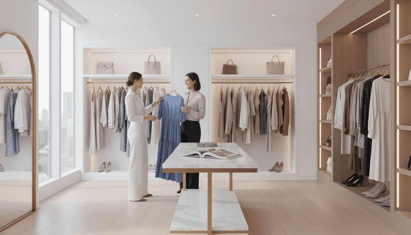 Personal stylist holding up a blazer while a client looks through a curated rack of clothing in a bright, organized wardrobe studio