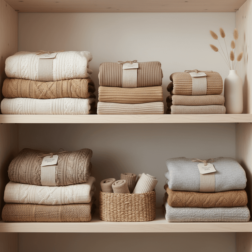 Neatly organized closet shelf with folded knitwear in a neutral color palette