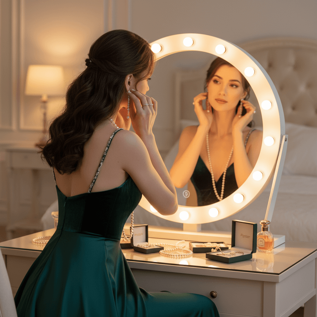 Elegant woman in an evening dress adjusting her earrings at a warm vanity mirror