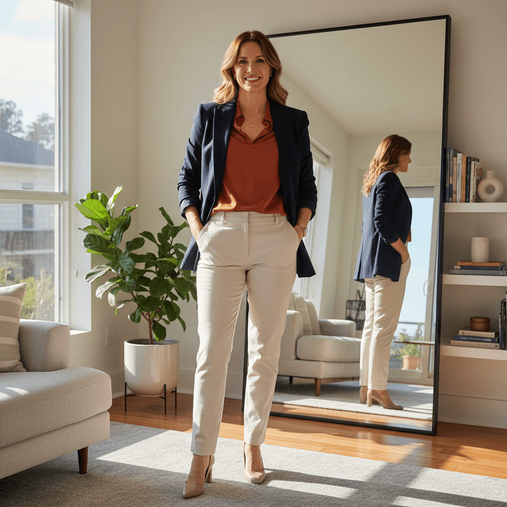 Confident woman in a smart casual outfit checking her look in a full-length mirror at home