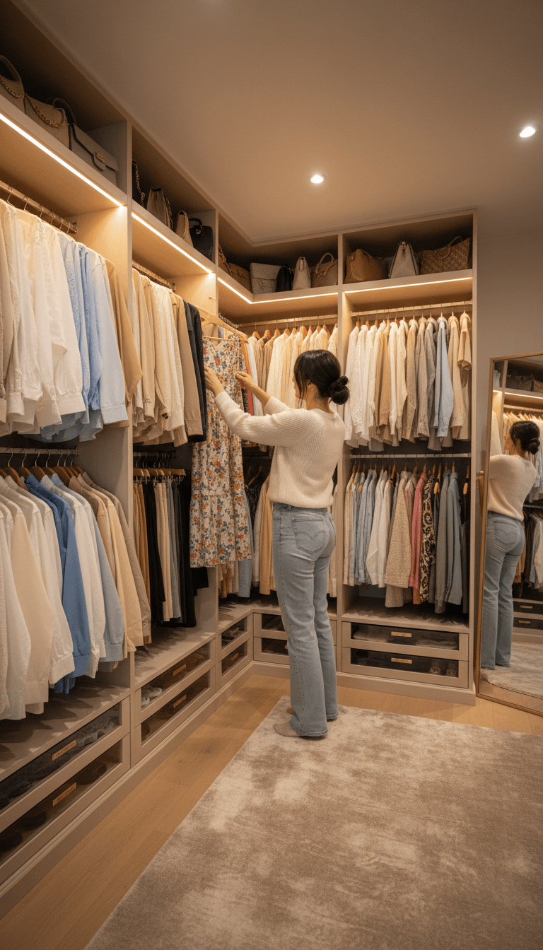 Woman sorting through neatly pressed clothes hanging in an organized wardrobe