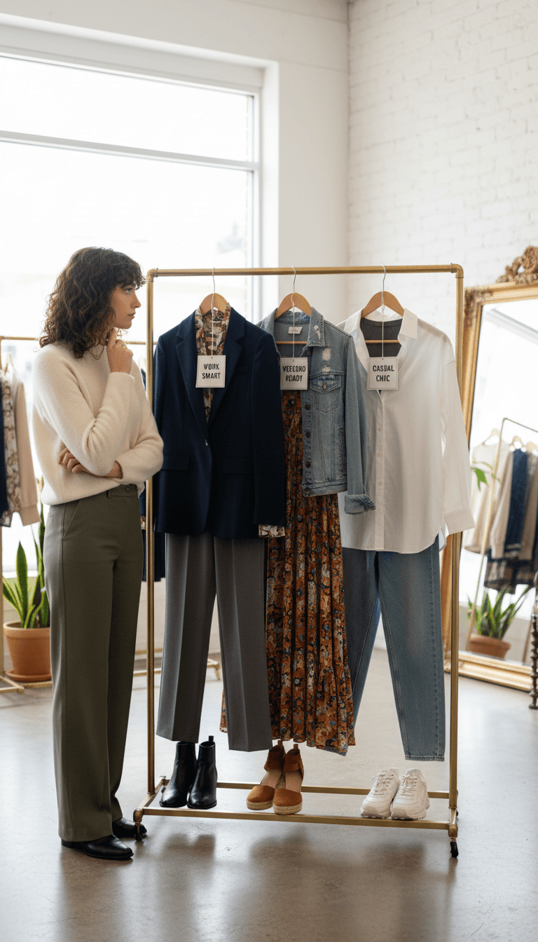 Woman reviewing ready outfits hanging on a clothing rack