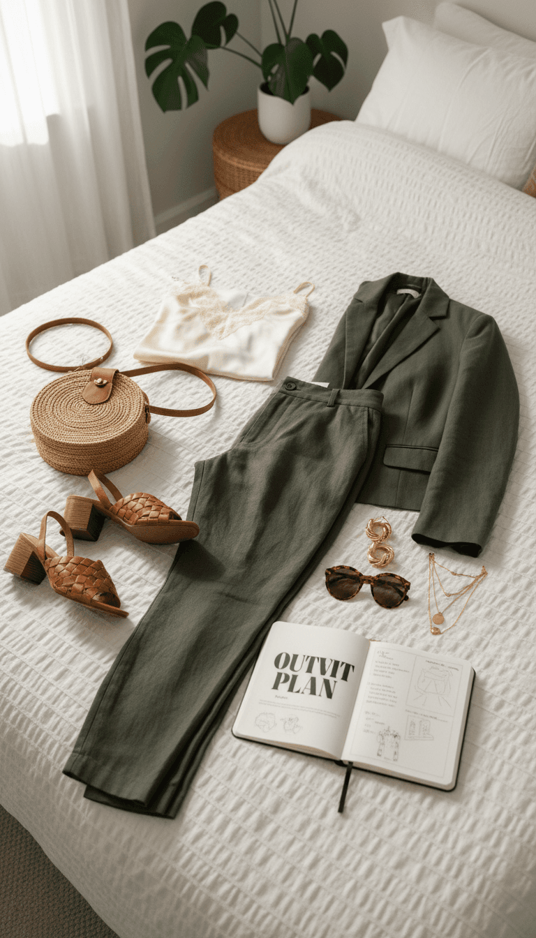 Coordinated outfit pieces laid out on a bed for planning