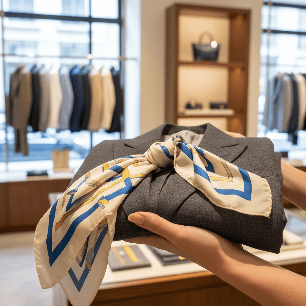 Close-up of a tailored blazer and silk scarf being paired together for a special-event look