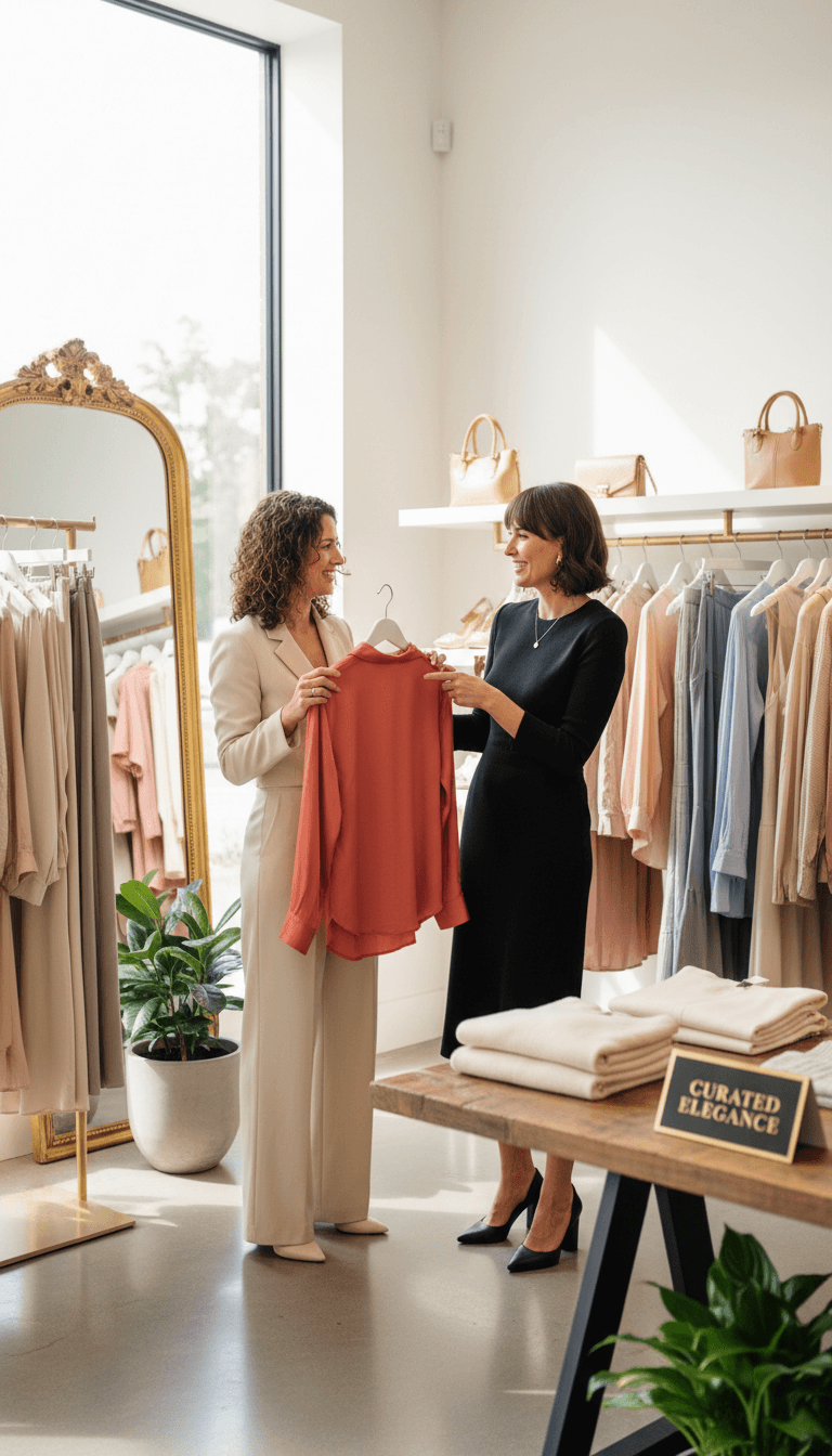 Stylist helping a client pick out clothing in a boutique store