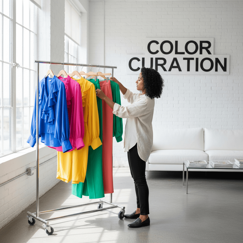 Stylist arranging a color-coordinated rack of blouses and trousers for a client