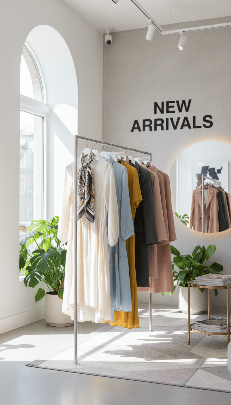 Rack of curated clothing in a bright modern boutique