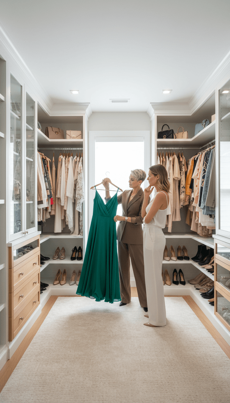 Stylist holding up a garment for a client to consider in a clean closet