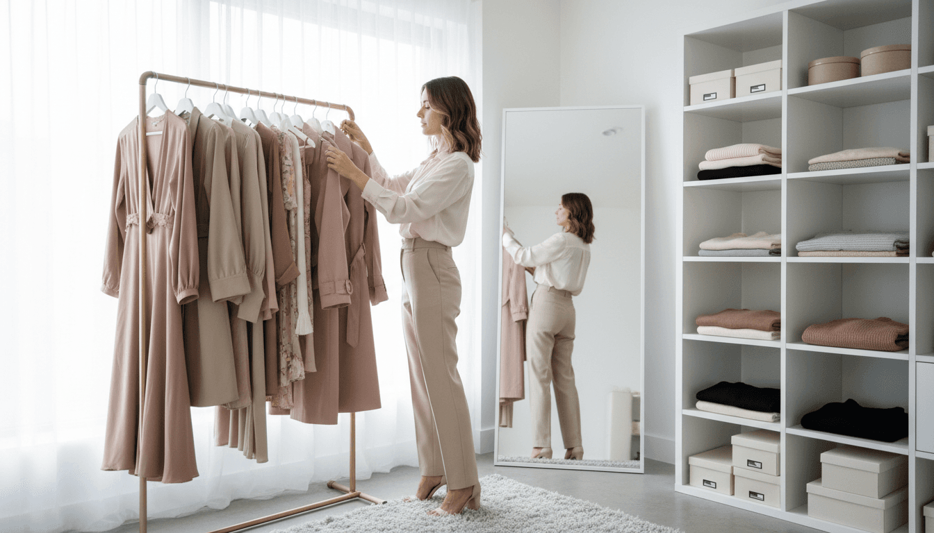 Organized clothing rack with neutral tones and tailored pieces
