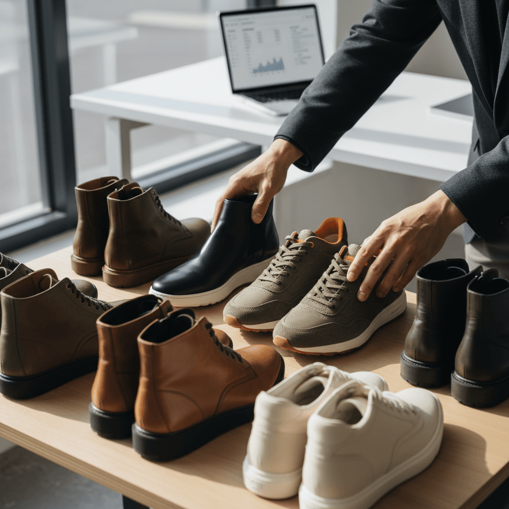 Accessories and shoes paired to complete a weekday outfit plan.