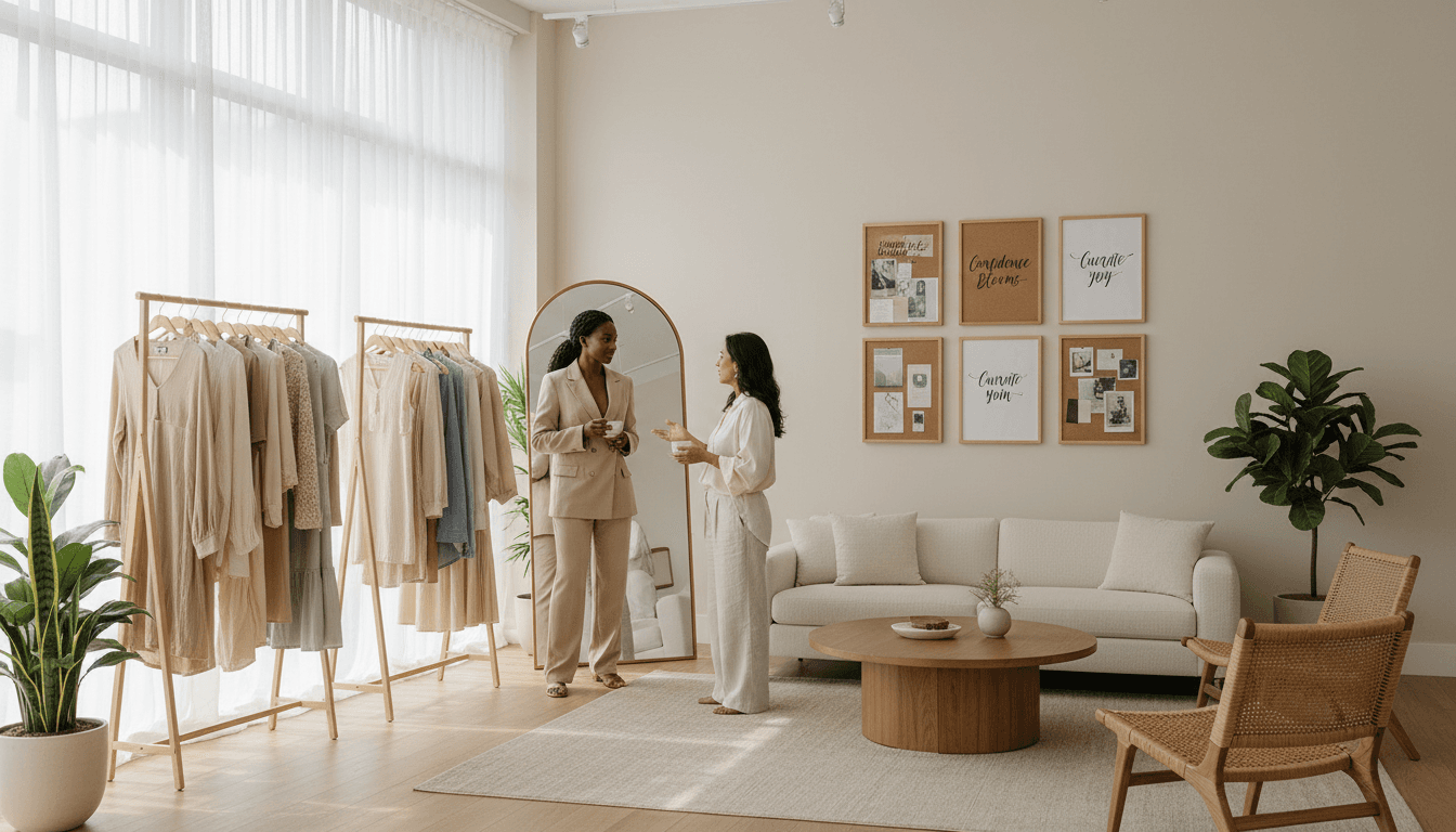 Personal stylist presenting outfit options to a client in a bright wardrobe studio