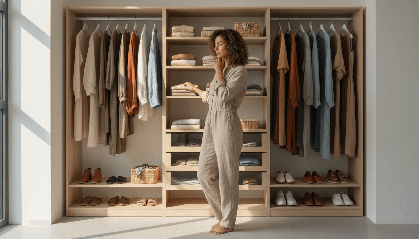Personal stylist assisting a client with outfit options in a bright modern closet