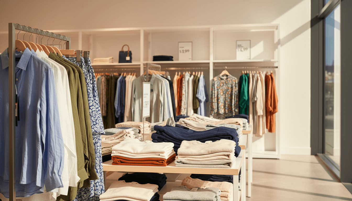 Woman sorting through clothes on a rack in a bright closet
