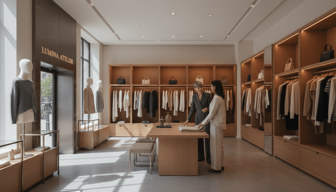Stylist assisting a client with outfit selection in a bright, modern boutique
