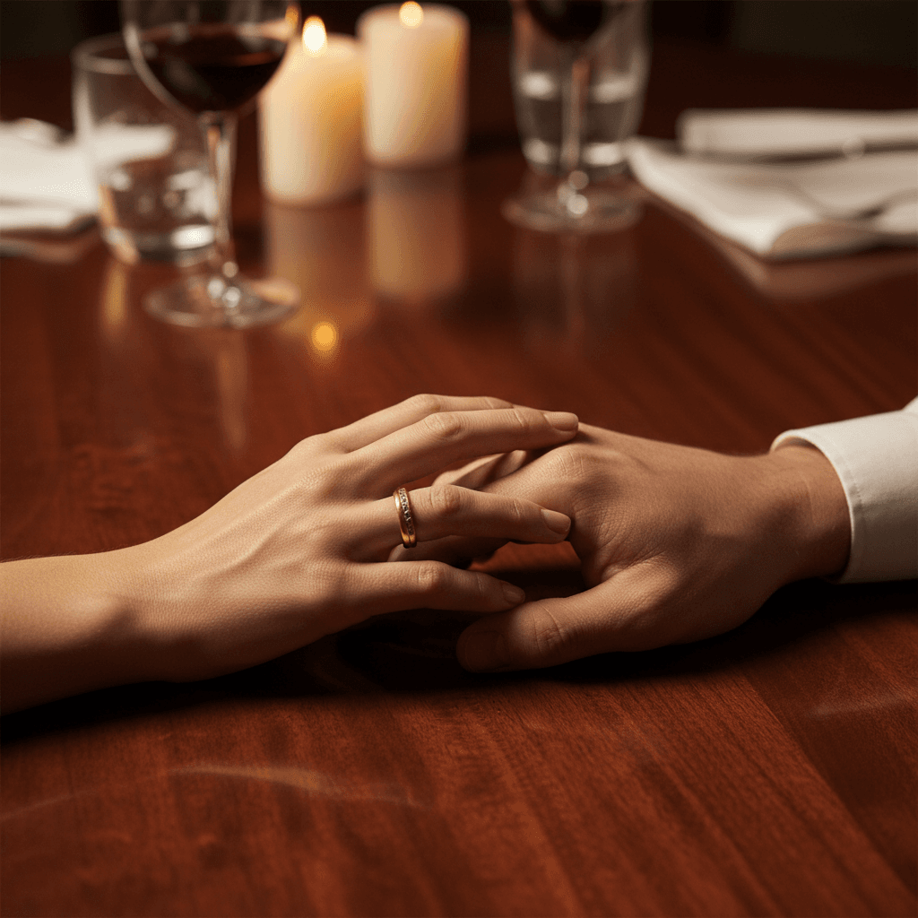 Dressed-up couple holding hands outside a restaurant in the evening