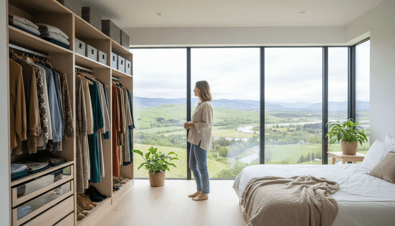 Woman looking into a packed closet, thinking about what to wear