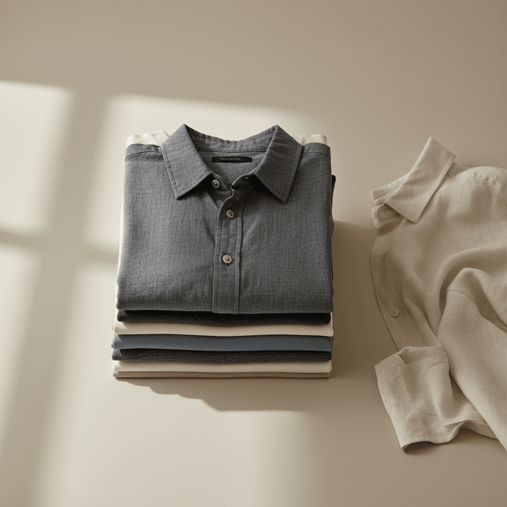 Neatly folded neutral clothing stacked on a closet shelf