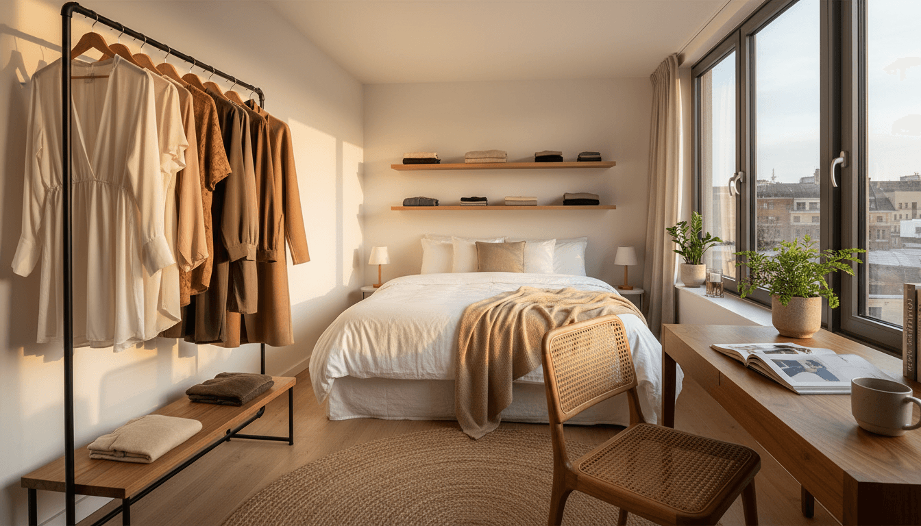 Coordinated outfits hanging on wooden hangers in a minimal wardrobe