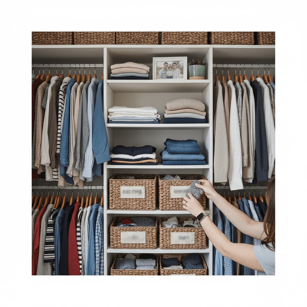 A wardrobe organized into easy-to-mix color groups after an assessment.