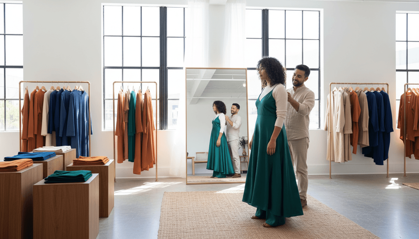 Stylist showing clothing options to a client in a modern boutique