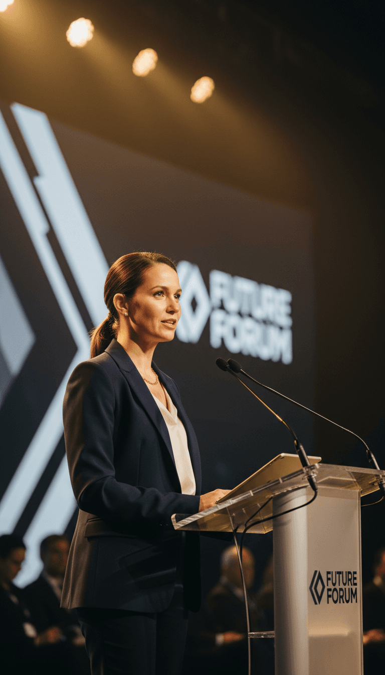 Professional woman in a blazer speaking at a podium
