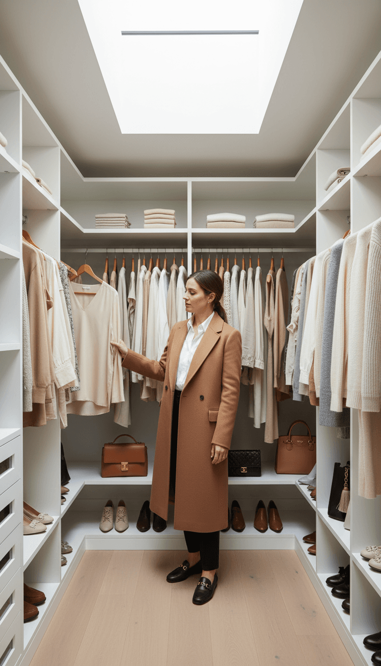 Woman reaching for clothes in an organized closet