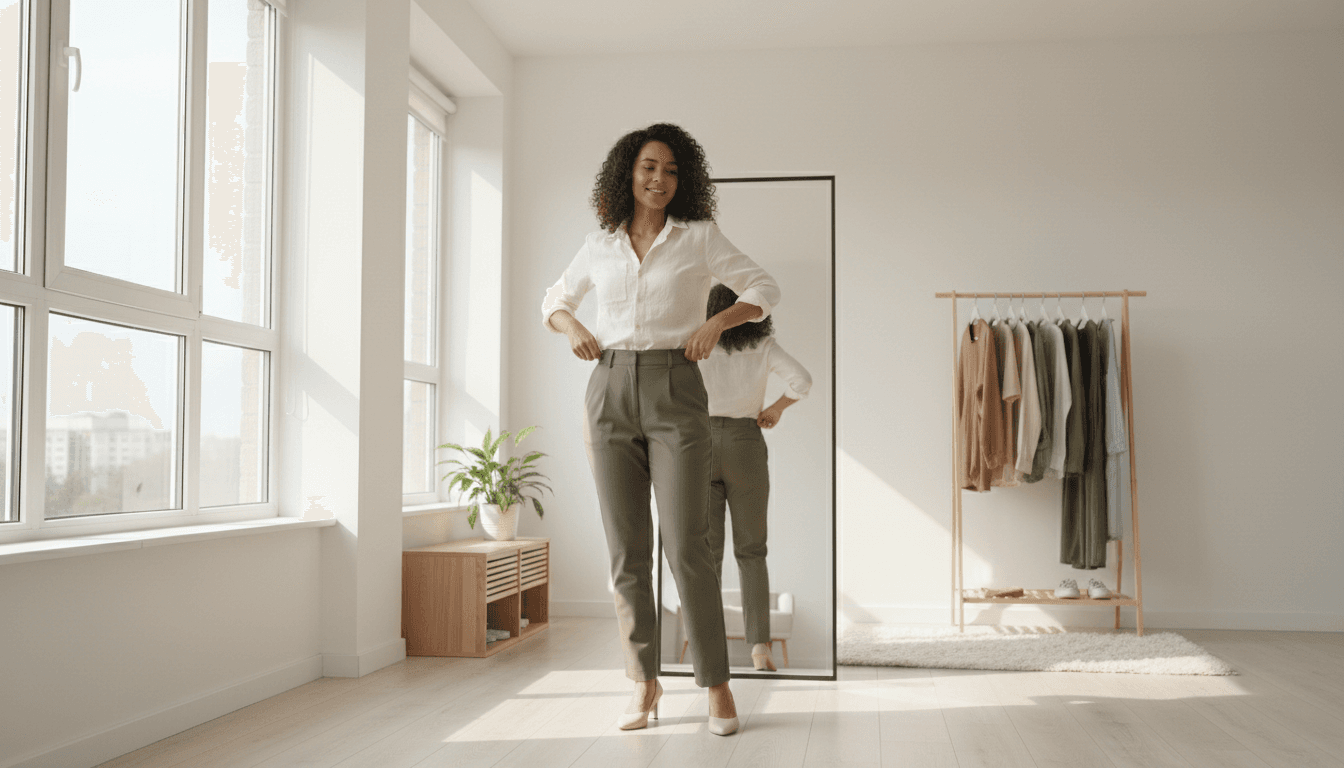 A client checks a finished head-to-toe outfit in a full-length mirror.